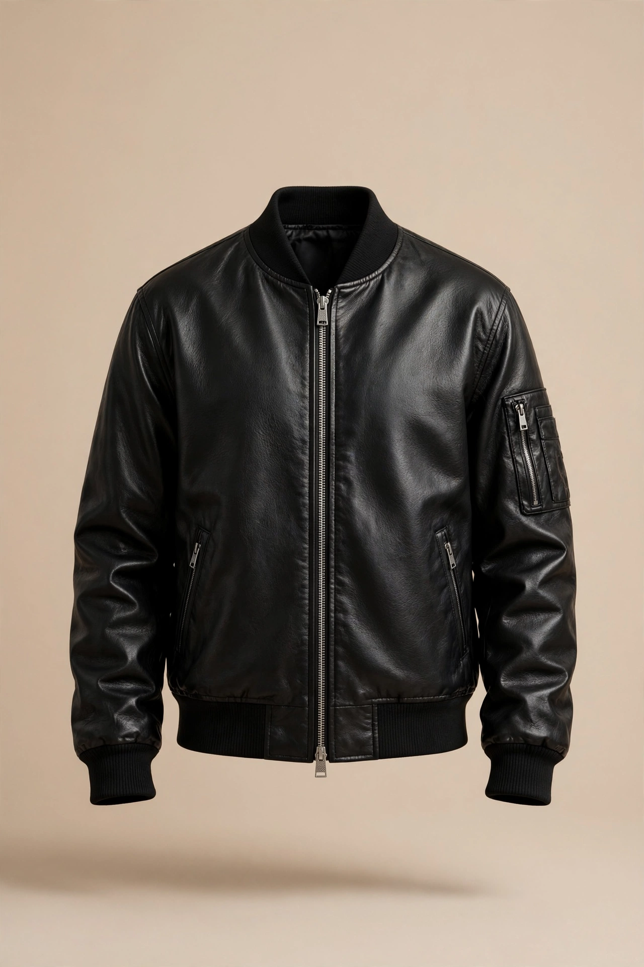 Classic Vegan PU Leather Bomber Jacket in black, studio product shot