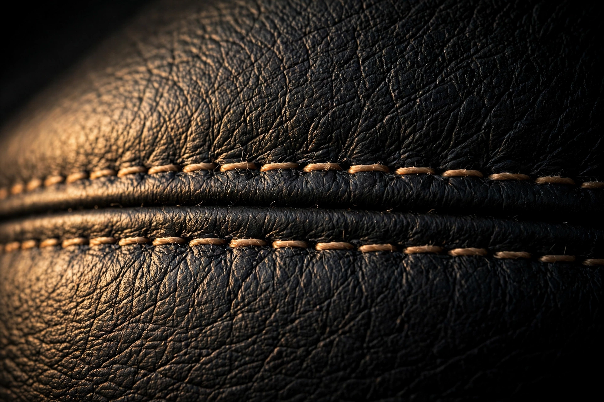Macro detail of black vegan PU leather grain and stitching