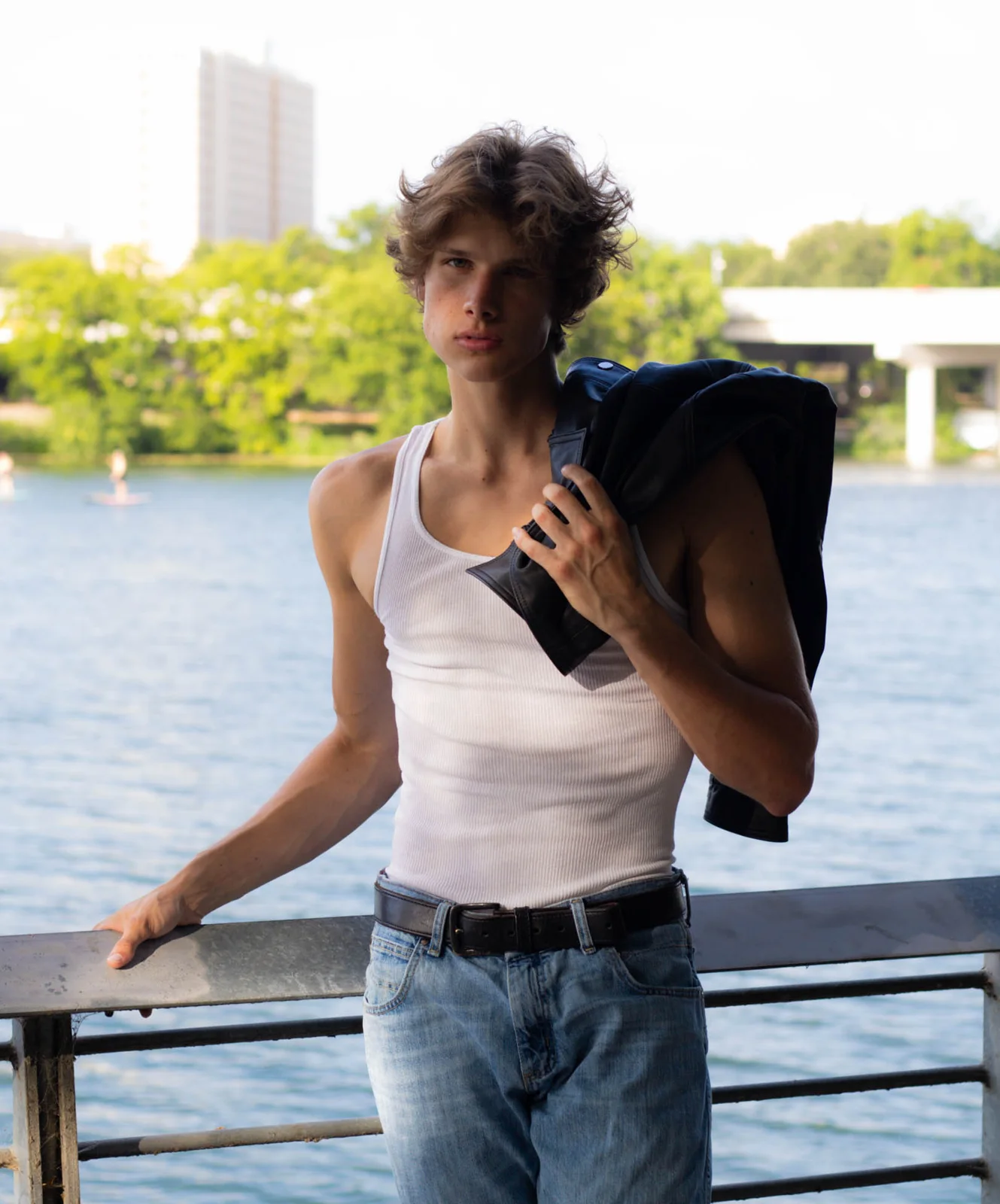 Classic Bomber worn open over a tank, jacket over shoulder