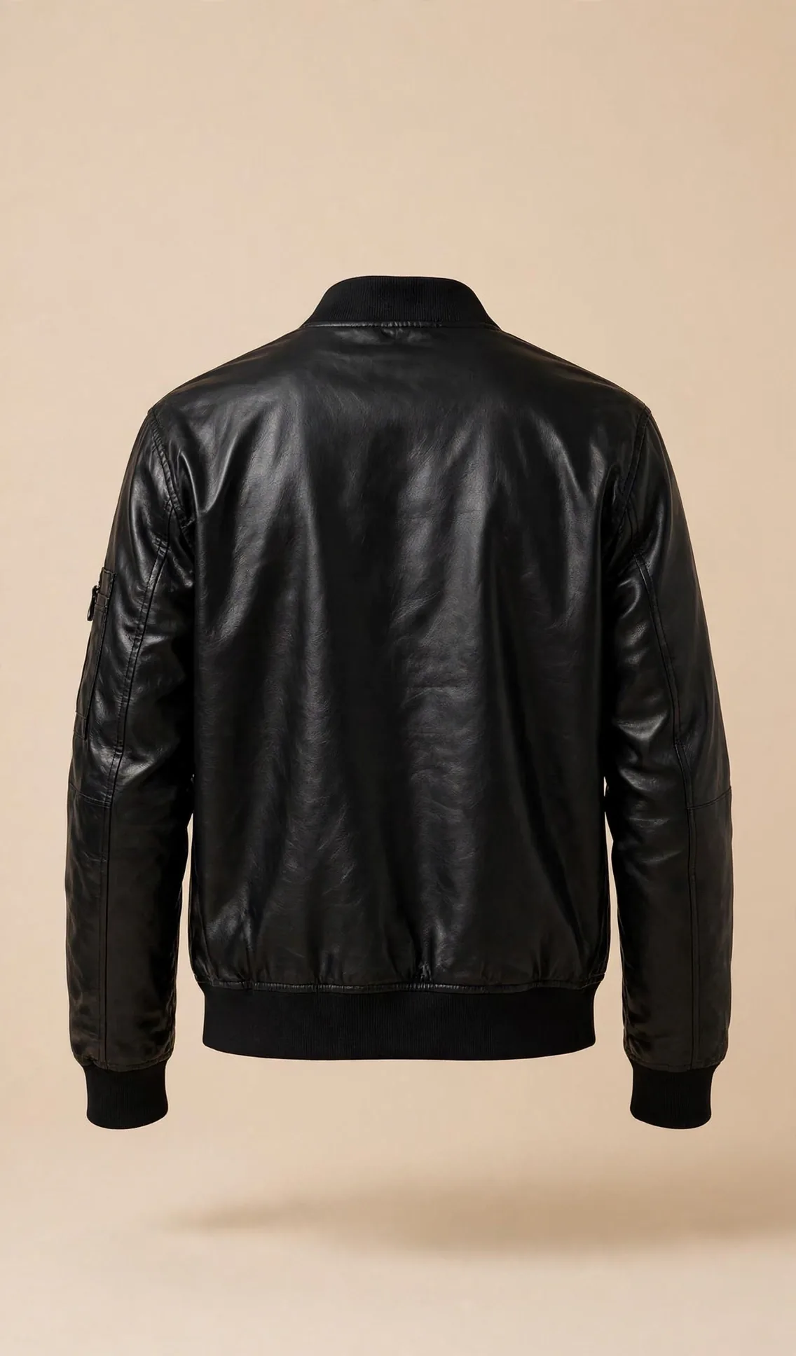 Back view of the men's Classic Bomber black vegan leather jacket, studio product shot