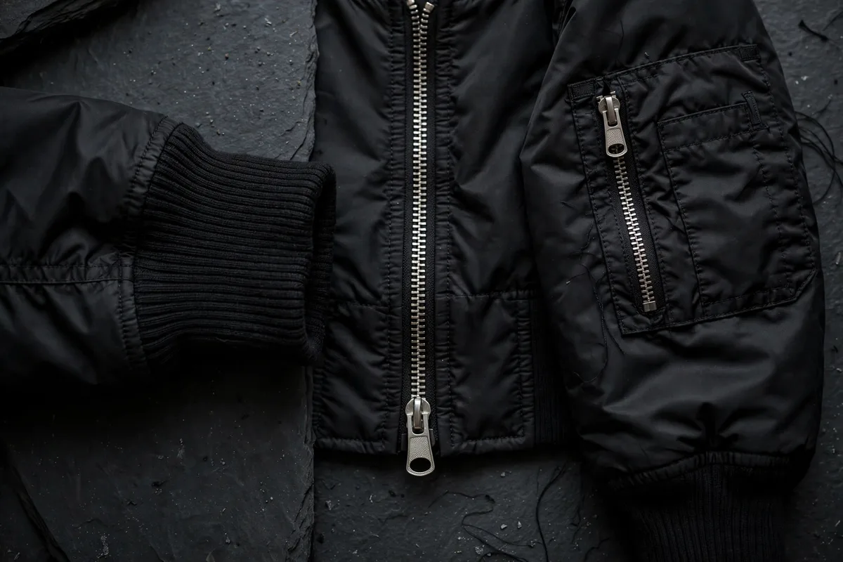 Close-up of the Classic Bomber's front zipper, sleeve pocket and ribbed cuff