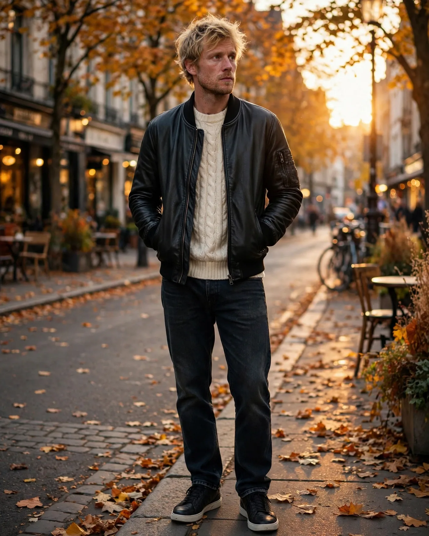 Man wearing the black Summit Classic Bomber vegan leather jacket over a cream cable-knit sweater on a fall street