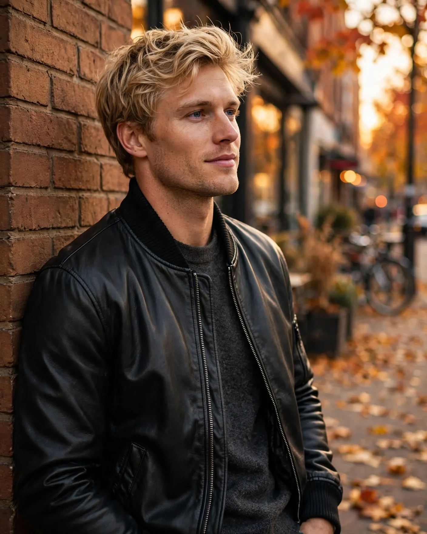 Man in the black Summit Classic Bomber vegan leather jacket leaning against a brick wall in fall light