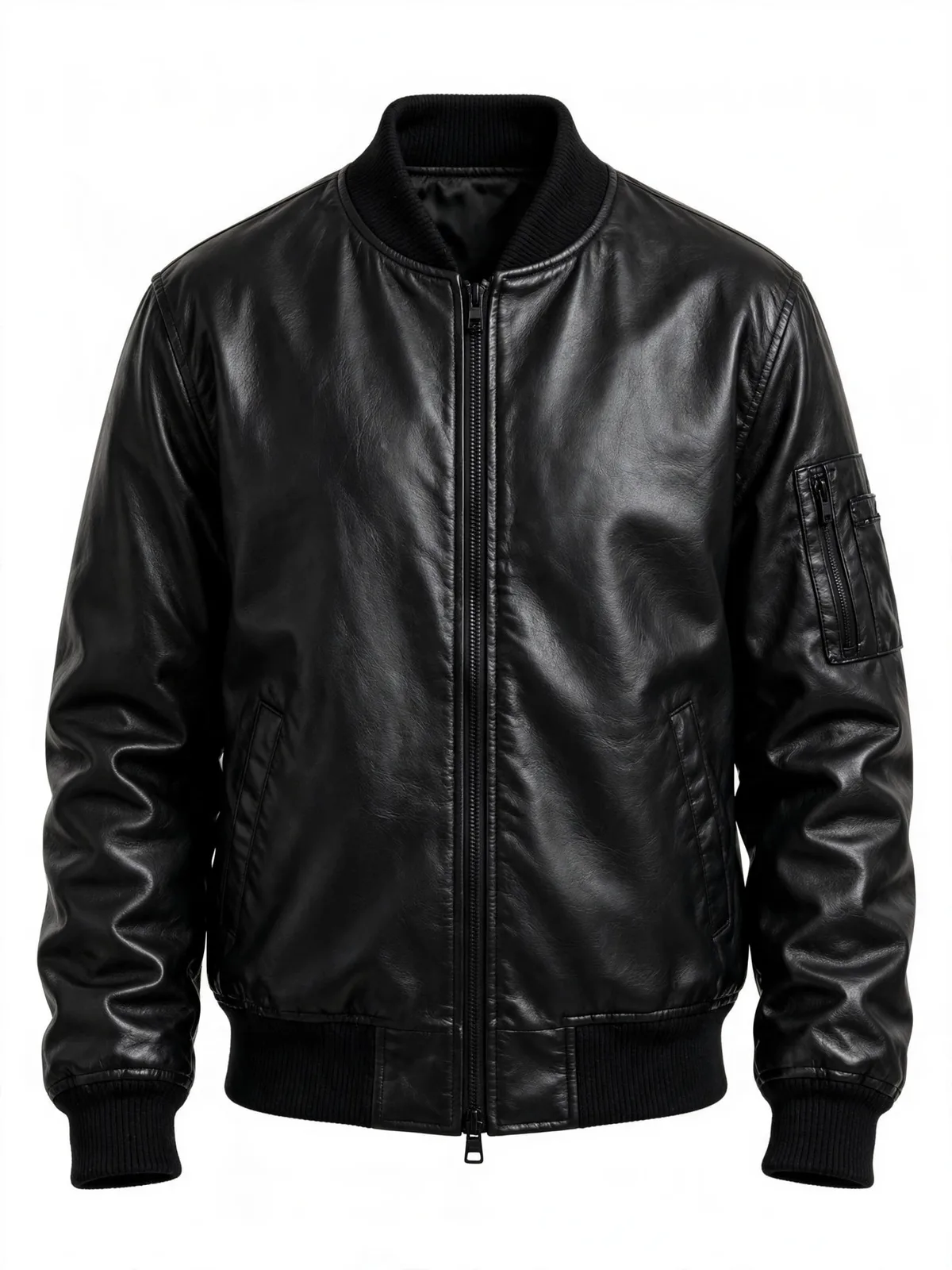 Men's Classic Bomber black vegan leather jacket, studio product shot