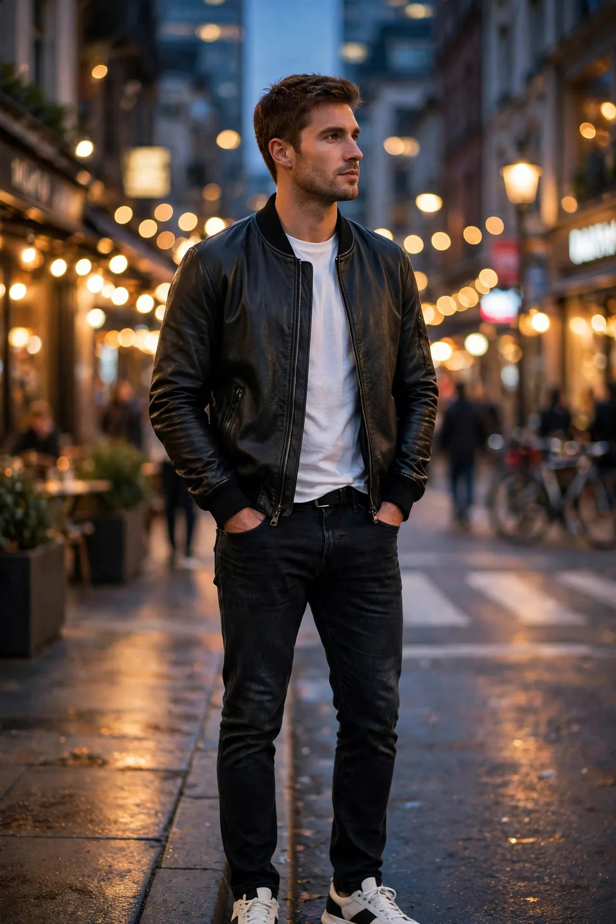 Man wearing the black Summit Classic Bomber vegan leather jacket on a city street at night