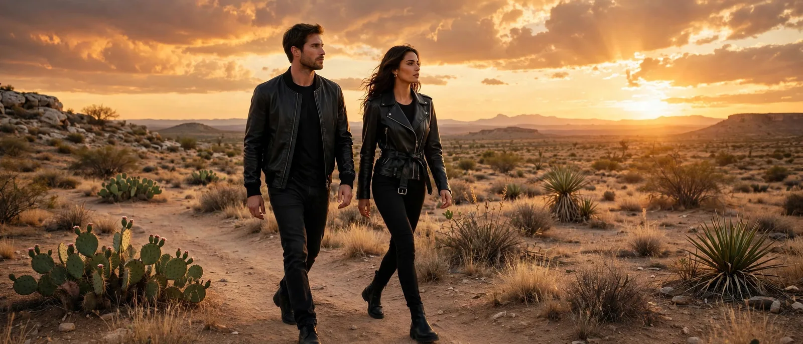 Couple wearing black Summit vegan leather jackets walking through the desert at sunset