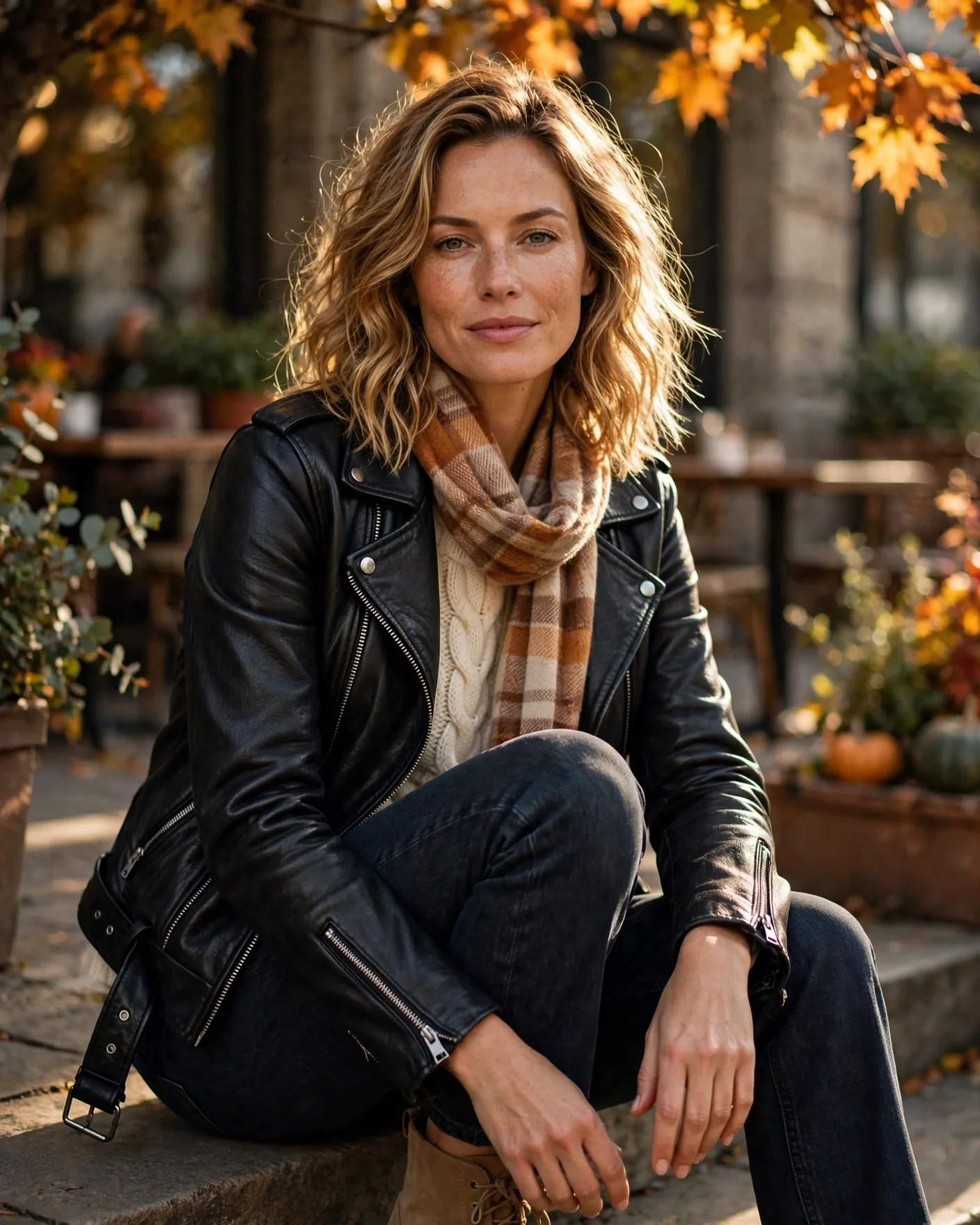 Woman in the black Summit Classic Regular Moto vegan leather jacket with a plaid scarf, seated outside a fall cafe