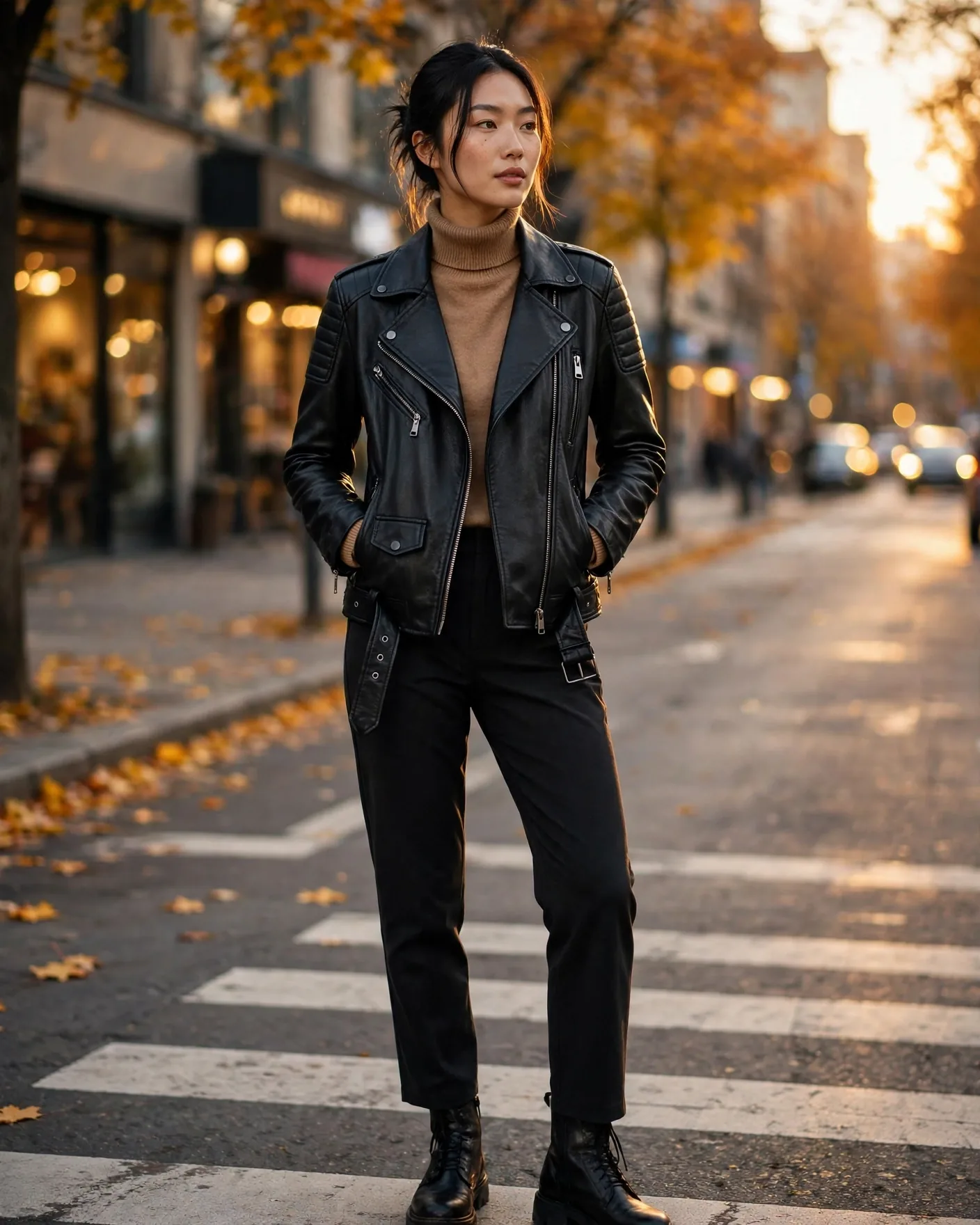 Woman in the black Summit Classic Regular Moto vegan leather jacket over a camel turtleneck, standing on a crosswalk on a fall street at golden hour