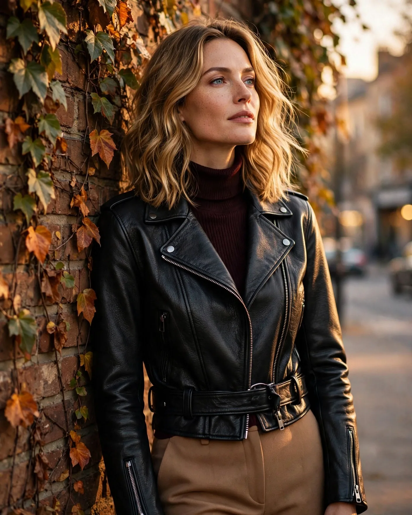 Woman in the black Summit Classic Regular Moto vegan leather jacket leaning against an ivy-covered brick wall in fall