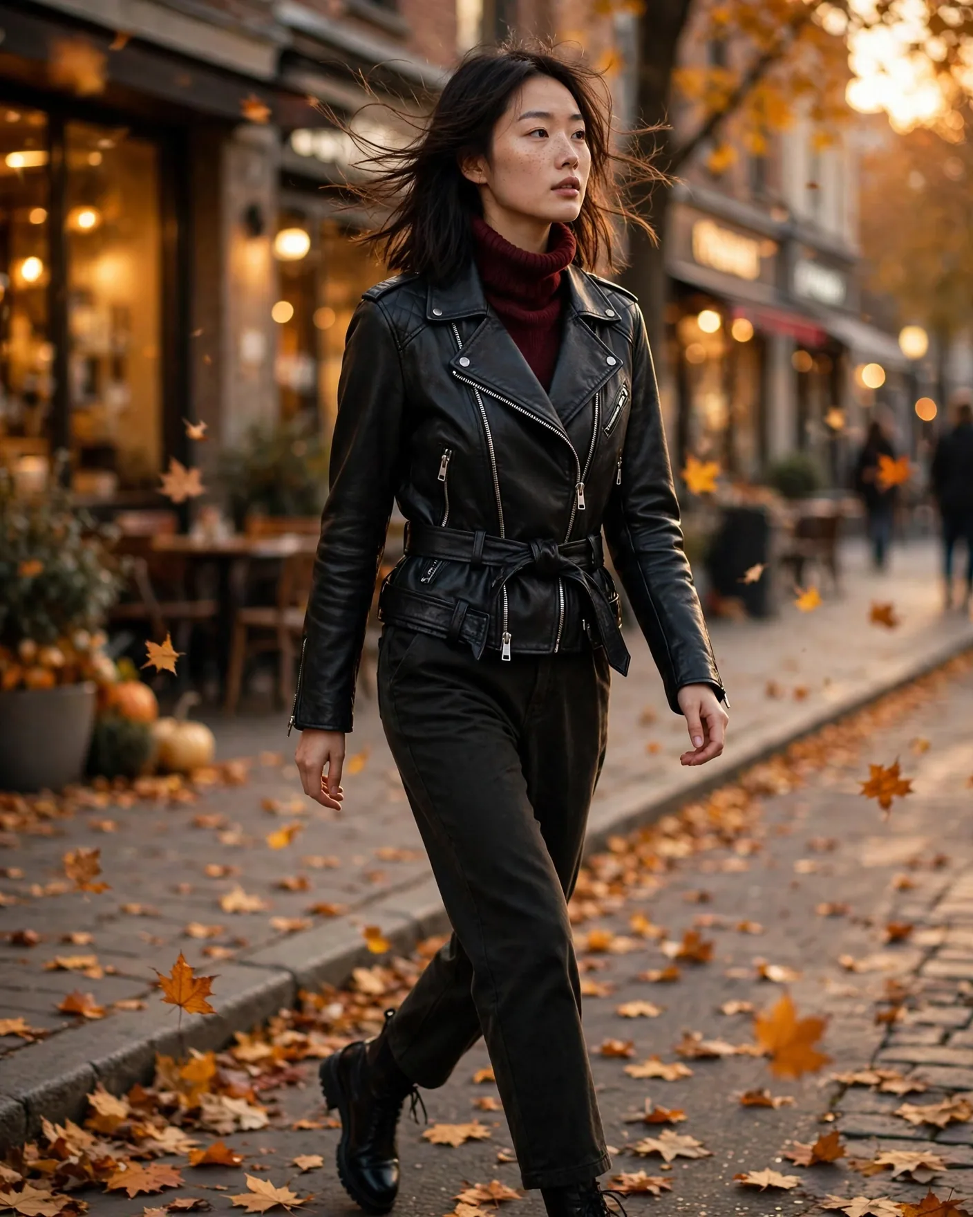 Woman walking in the black Summit Classic Regular Moto vegan leather jacket, fall leaves swirling