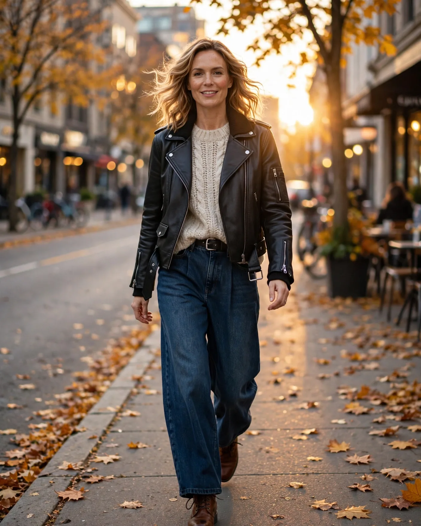 Woman wearing the black Summit Classic Regular Moto vegan leather jacket on a fall street