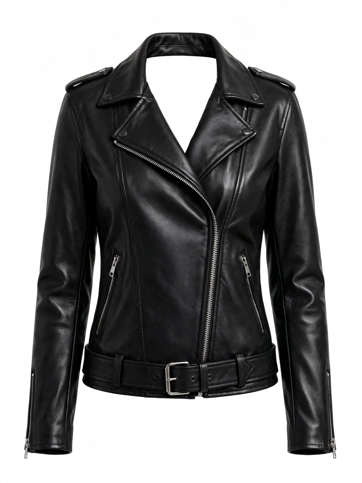 Women's Classic Regular Moto black vegan leather jacket, studio product shot