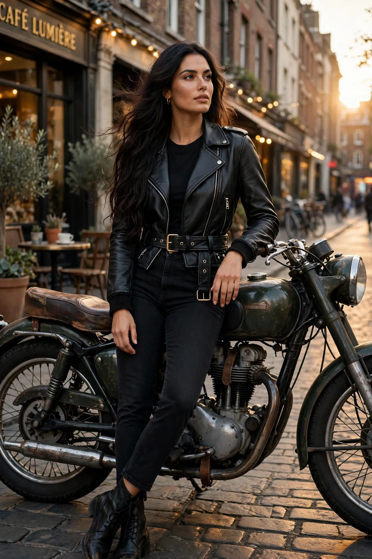 Woman wearing the black Summit Classic Regular Moto vegan leather jacket beside a motorcycle