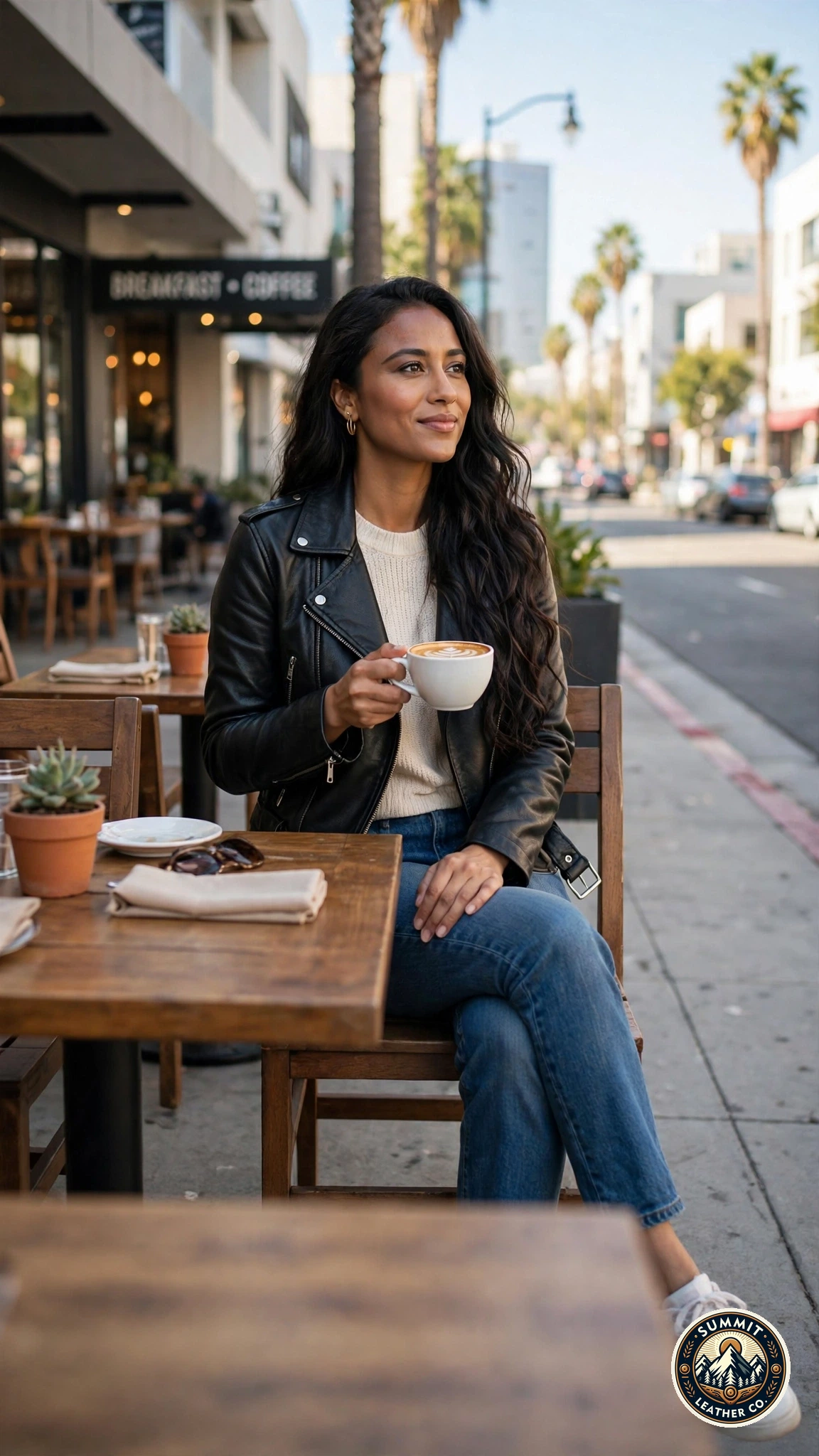 Woman wearing a black Summit Leather Co. vegan moto jacket at an LA cafe