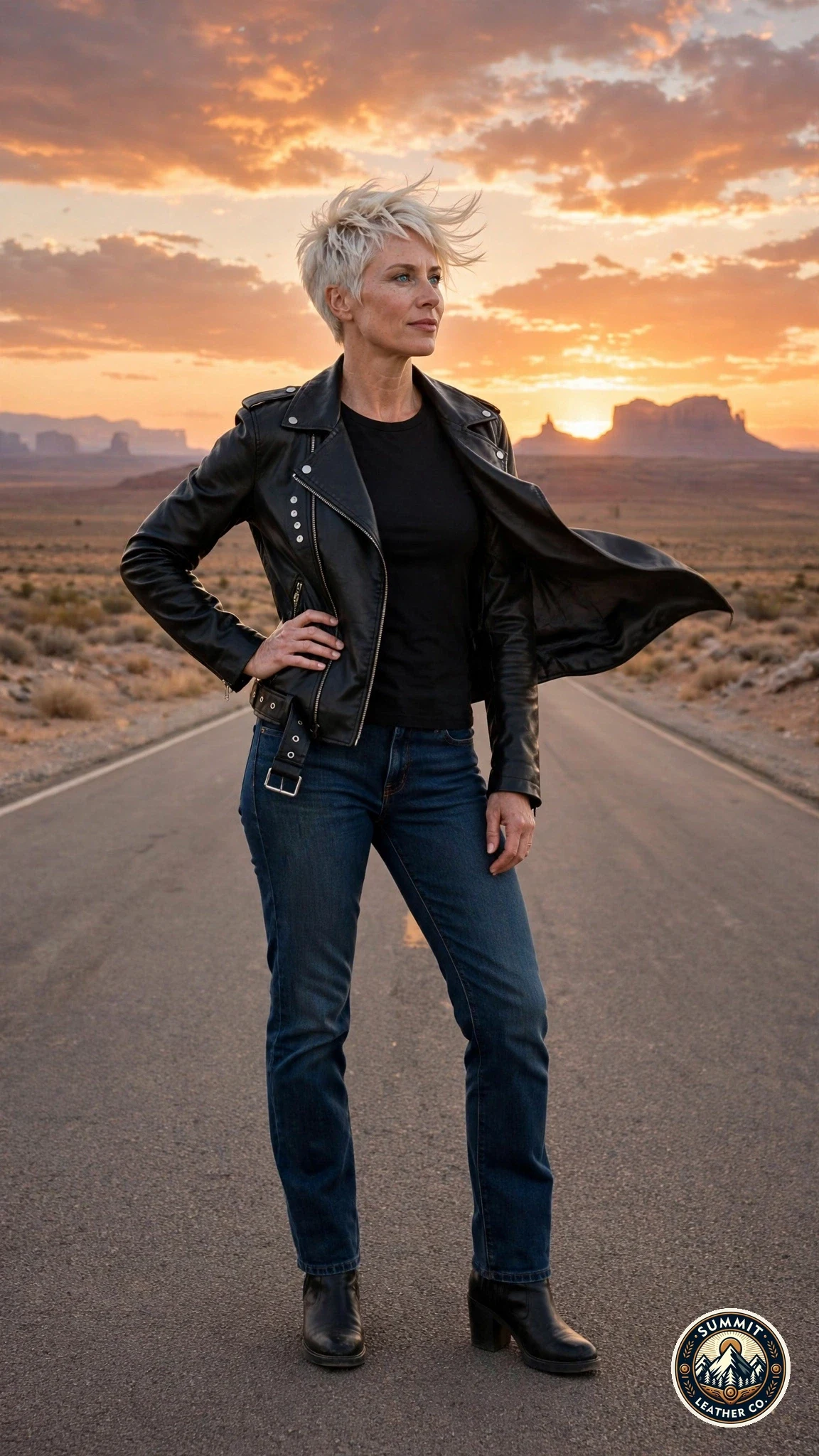 Woman wearing a black Summit Leather Co. vegan moto jacket on a desert highway at golden hour