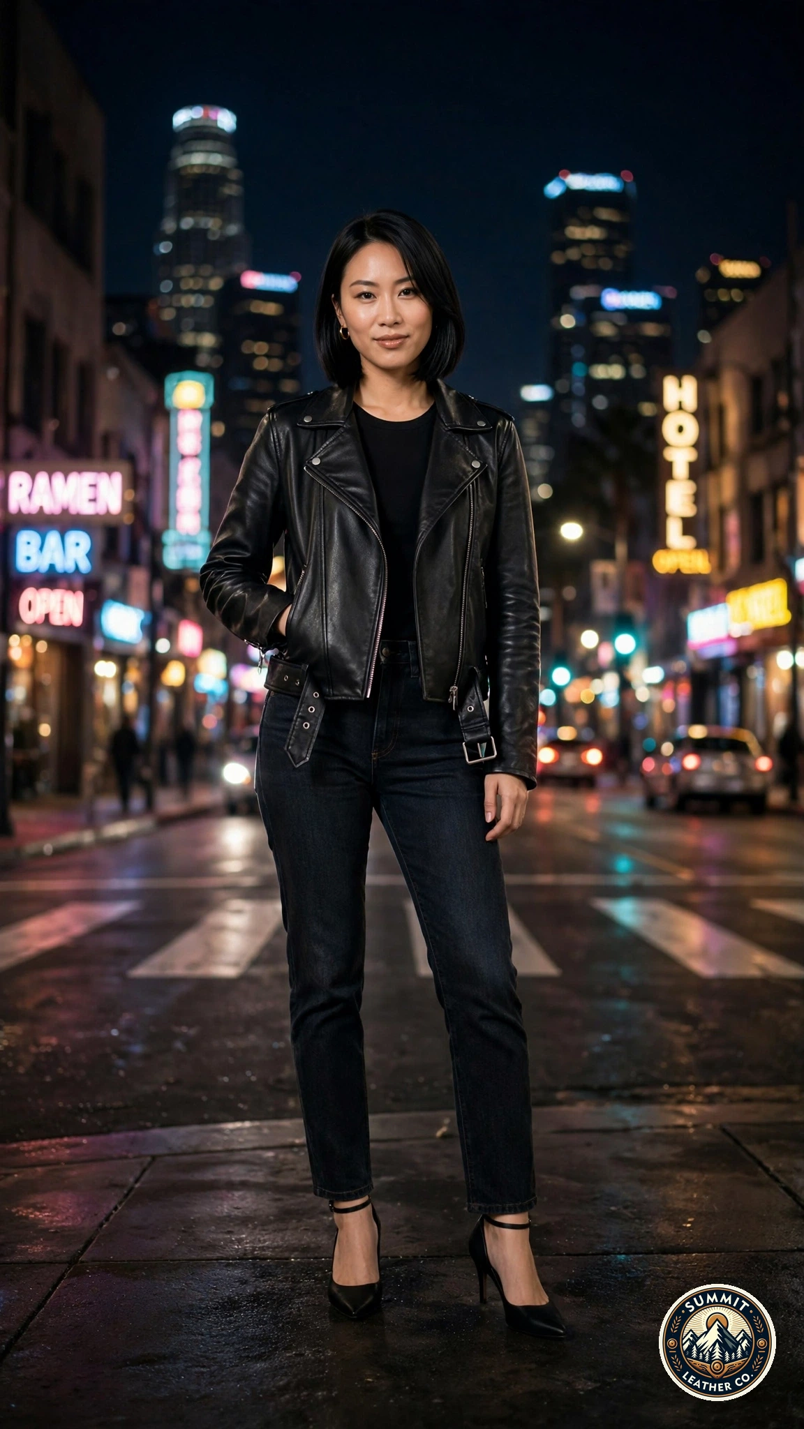 Woman wearing a black Summit Leather Co. vegan moto jacket in Los Angeles at night