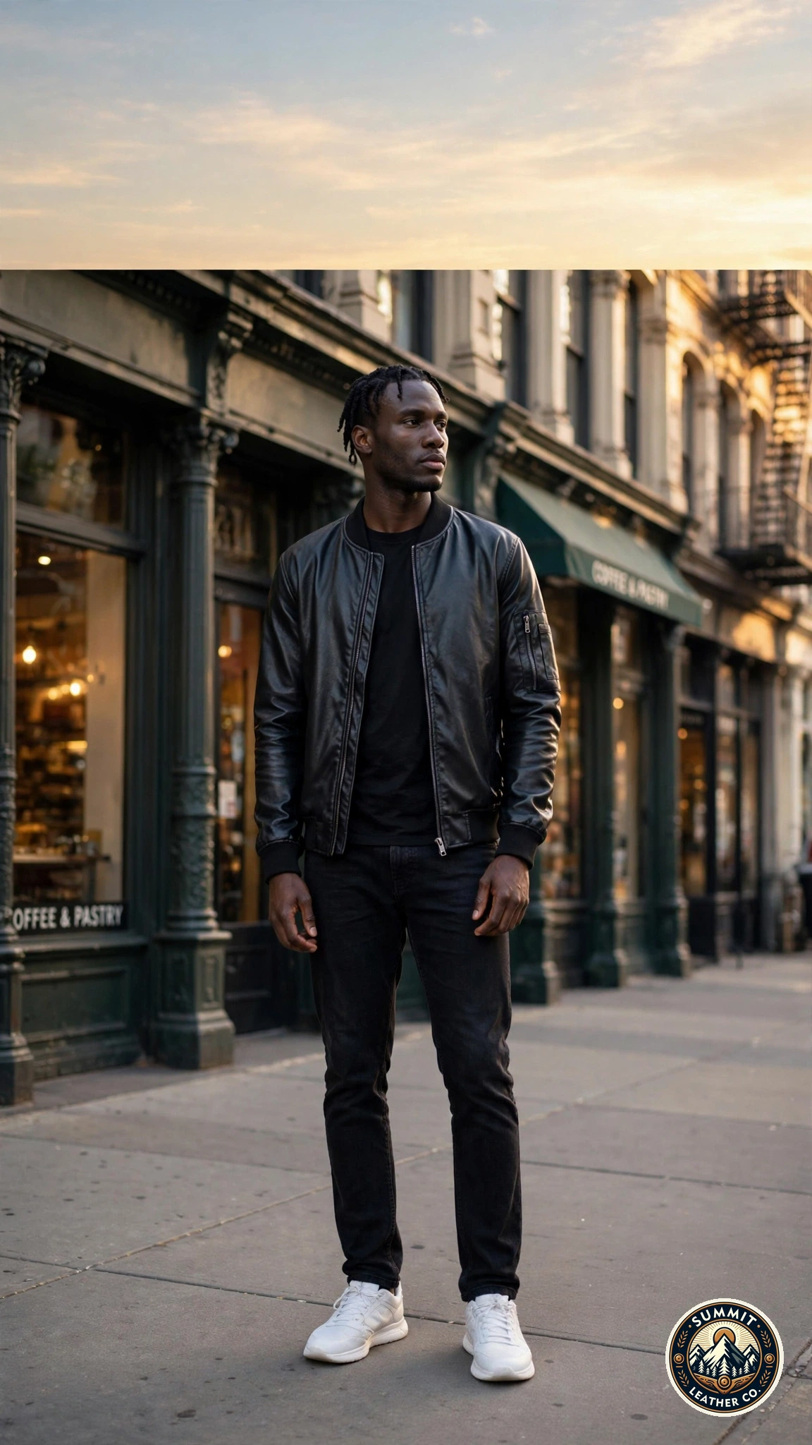 Man wearing a black Summit Leather Co. vegan bomber jacket on a SoHo, New York street