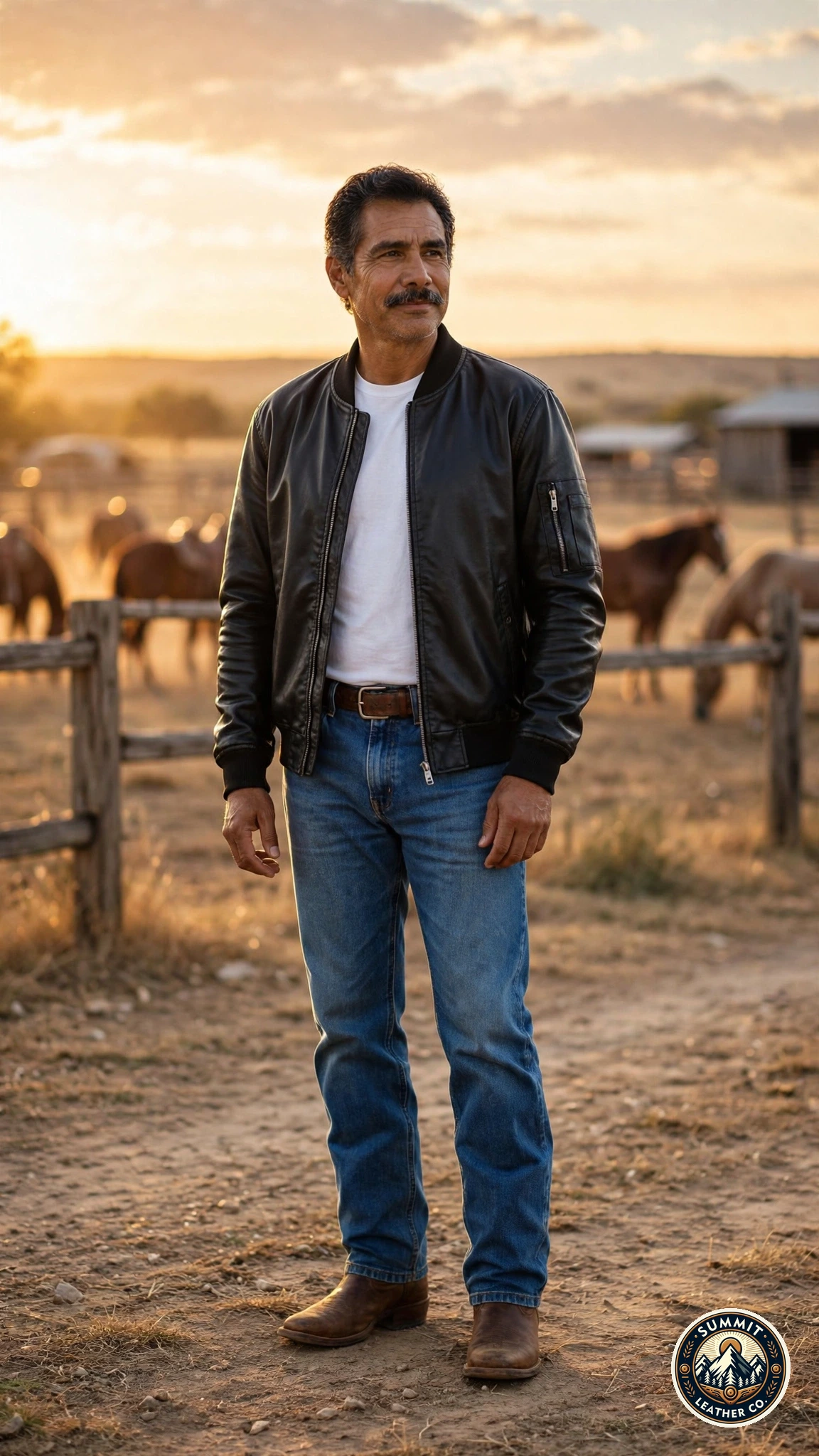 Man wearing a black Summit Leather Co. vegan bomber jacket on a Texas ranch