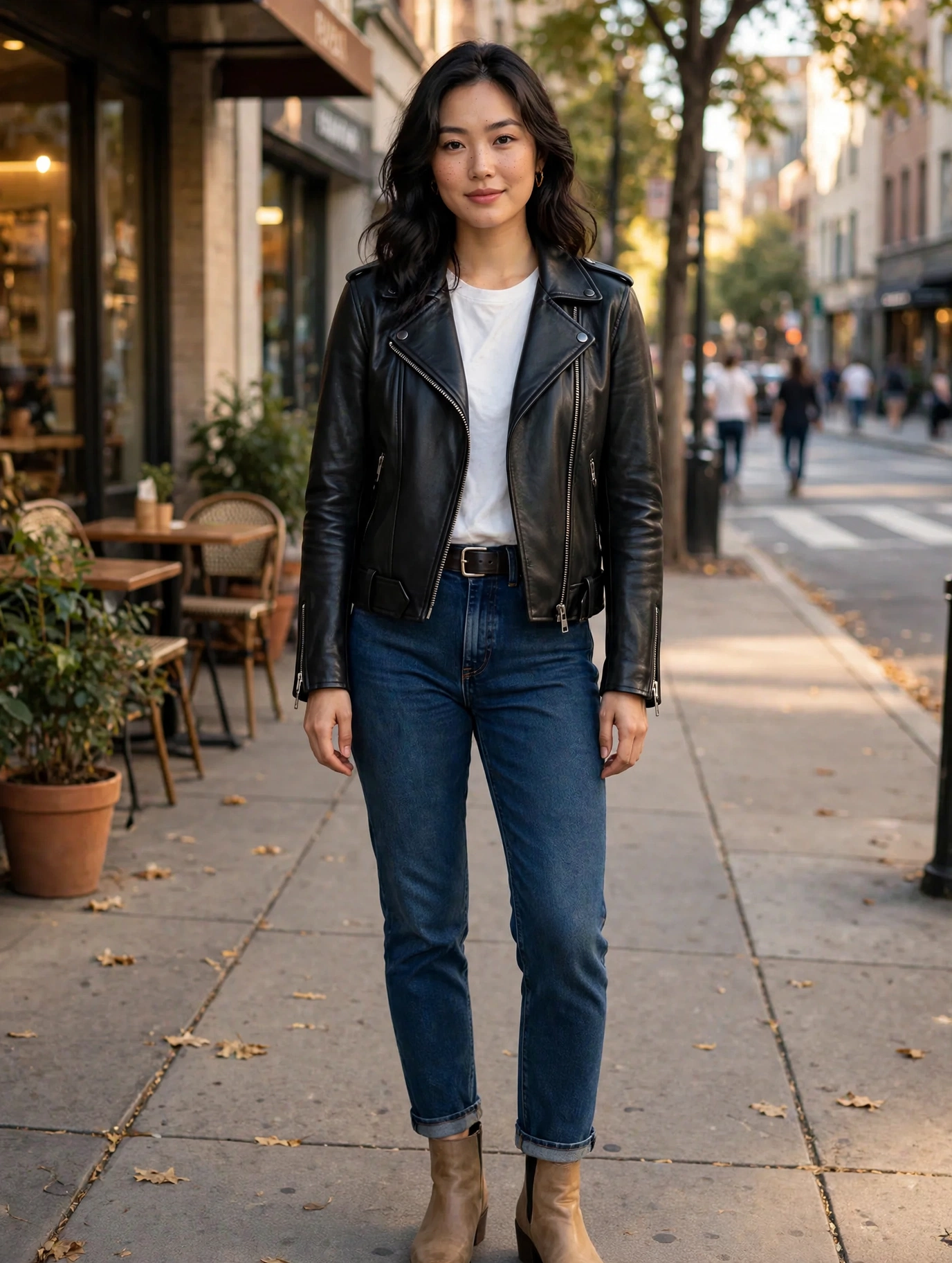 Asian woman wearing the black Summit Classic Regular Moto vegan leather jacket on a city sidewalk
