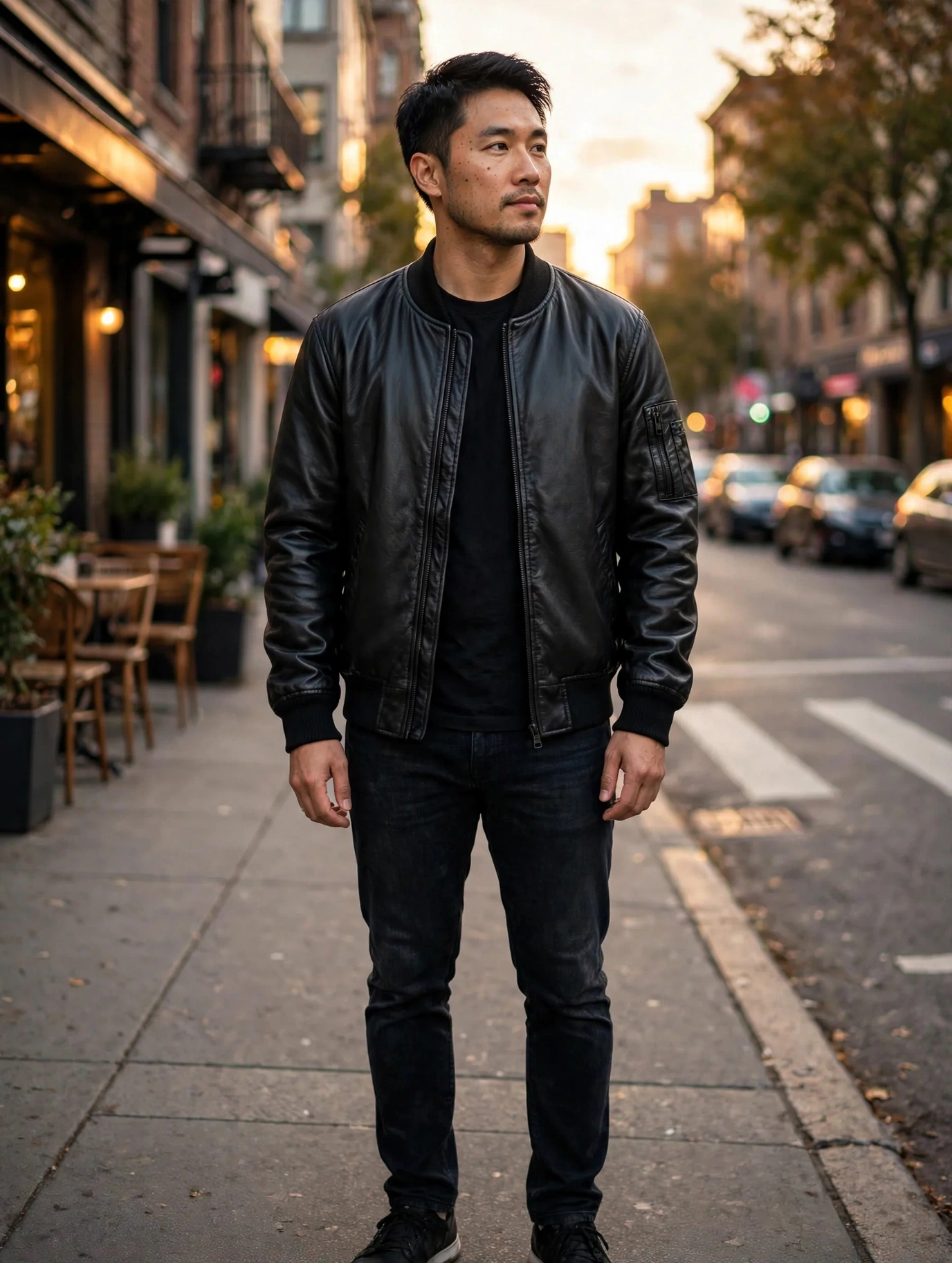 Asian man wearing the black Summit Classic Bomber vegan leather jacket on a city street