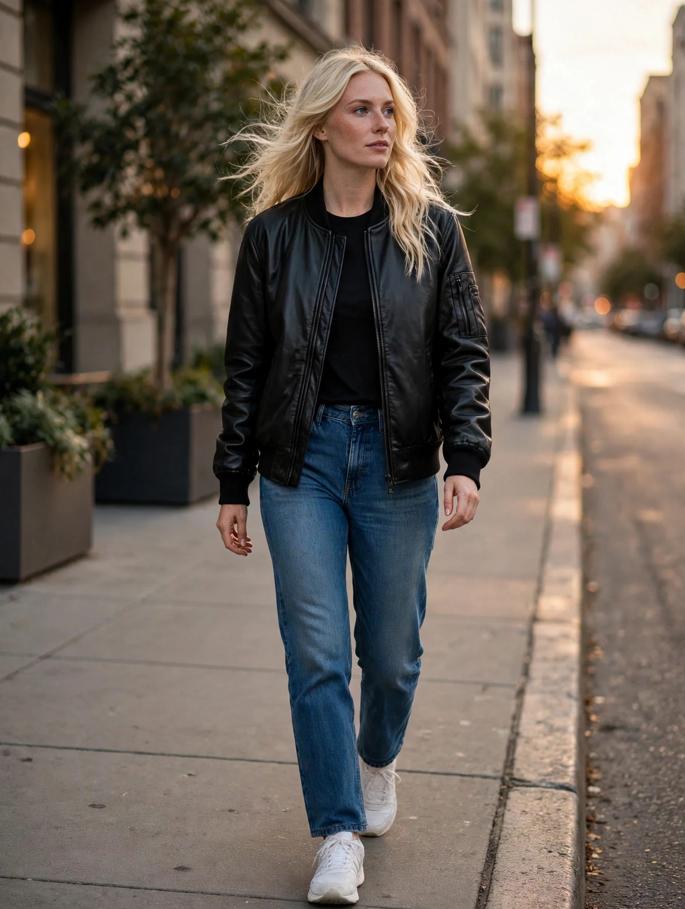 Blonde woman wearing the black Summit Classic Bomber vegan leather jacket walking on a city sidewalk