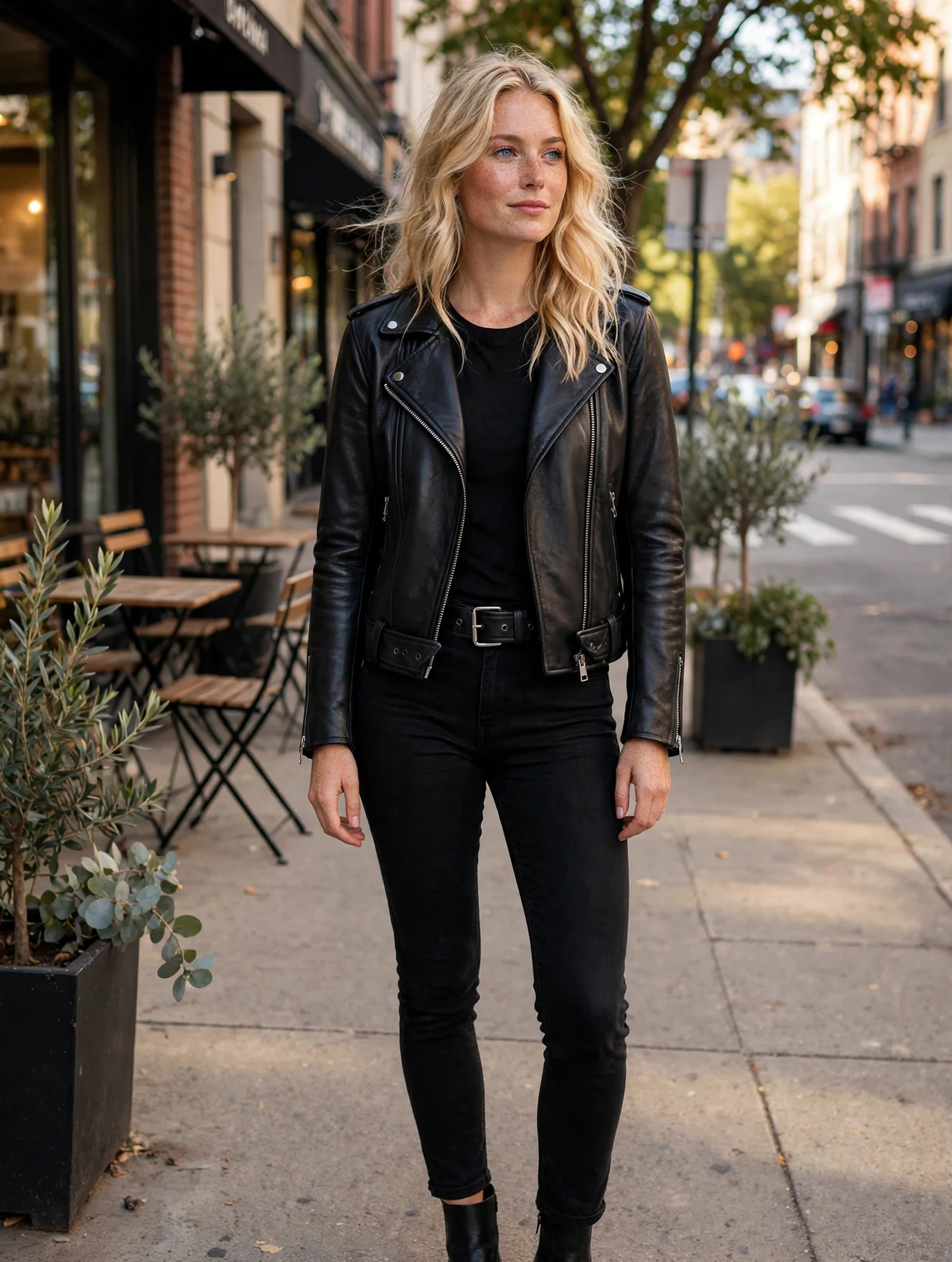 Blonde woman wearing the black Summit Classic Regular Moto vegan leather jacket on a city sidewalk