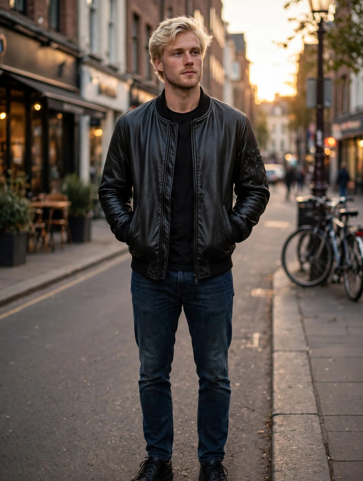 Blonde man wearing the black Summit Classic Bomber vegan leather jacket on a city street at golden hour