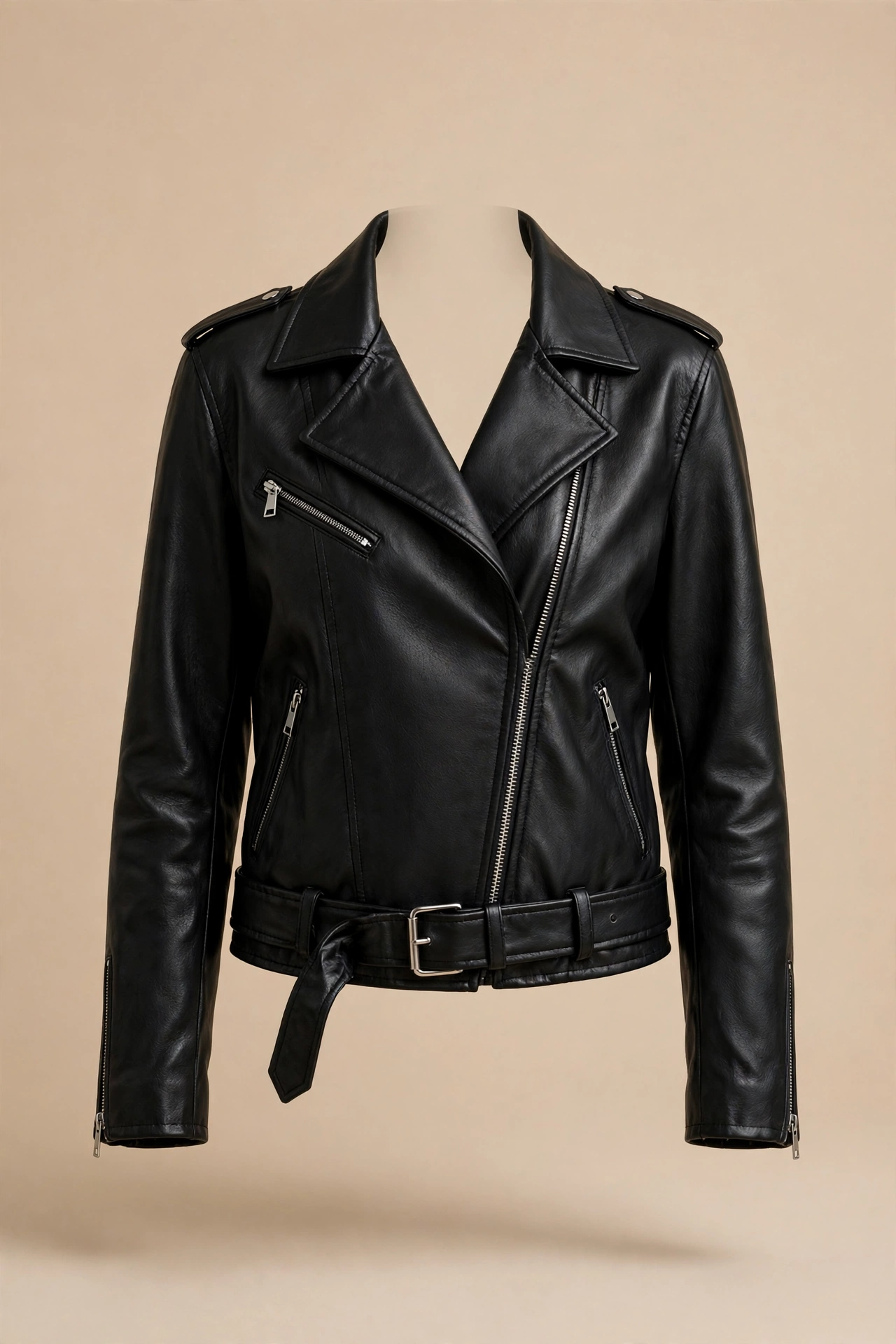 Classic Regular vegan moto biker jacket with belt in black, studio product shot