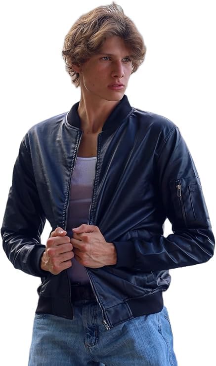 Real photo of the men's Classic Bomber black vegan leather jacket from the Amazon listing